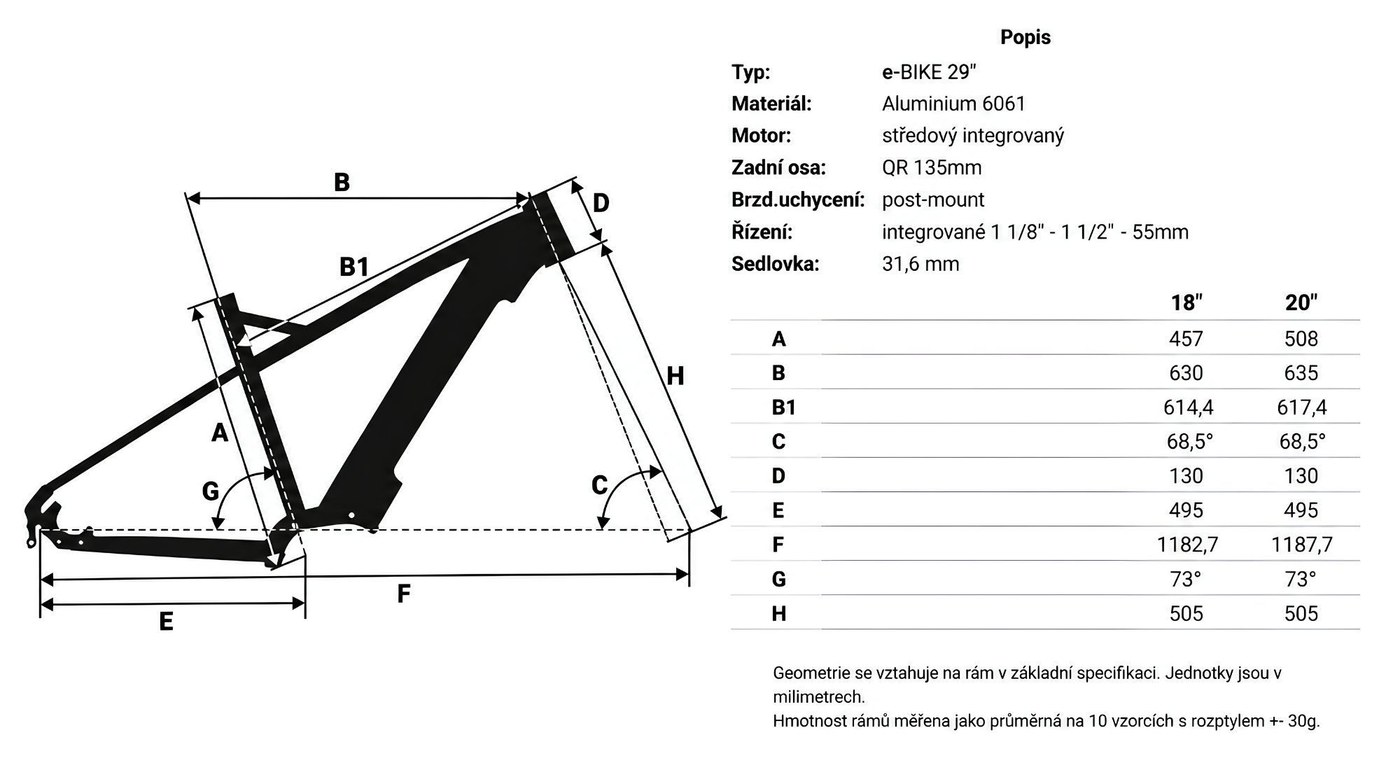 Geometrie rámu MRX eMERIX 29 X1-BF410